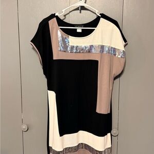 VENUS Women's Sequin Color Block Top - Black, White, and Tan